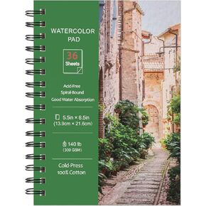 Prudiut 36 Sheets Watercolor Paper Pads 5.5x8.5", 140 lb/300 GSM Cold Press Water Color Paper, Spiral Bound Watercolor Sketchbook for Watercolors, Art Painting, Journal