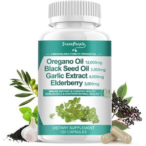 Oregano Oil 12,000mg Black Seed Oil 3,000mg Garlic Extract 4,000mg Elderberry 3,000mg - Immune, Digestive Support & Antioxidant with Vitamin D3 & Magnesium Glycinate* - 120 Capsules丨Vegan and Non GMO