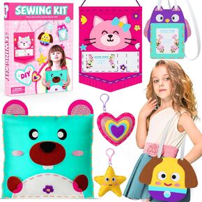 Sewing Kit for Kids Beginner Arts and Crafts, Make 6 Easy DIY Projects of Animal Felt Craft, Christmas Birthday Gifts Toys for Girls 5-12 Years Old, Suitable for Learning Sewing and Embroidery