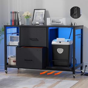 Lateral File Cabinet 2 Drawer with LED Light and Outlet, Rolling Filing Cabinets for Home Office, Mobile Shredder Printer Stand with Storage, Office Furniture for Letter Legal Size, Black