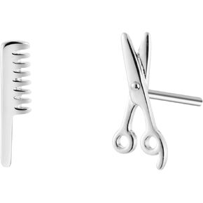 Hairdresser Hairstylist Scissor Comb Brush Stud Earrings Mismatch Hair Jewelry & 925 Sterling Silver Posts