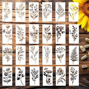 24Pcs Wildflower Stencils for Painting, Leaf Stencils for Flower Leaf Crafts, Herb Plant Painting Stencils for Art Wood Wall Door Canvas Home Decor(5.9" x 2.95")