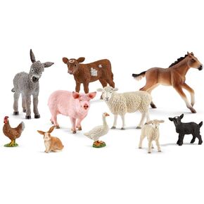 Schleich Farm World Farm Animal Toys for Kids Ages 3+, 10-Piece Mega Realistic Farm Animals Set with Donkey Figurine, Sheep, Pig Toy and More, 77585