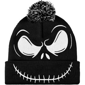 Jack Skellington Black Knit Beanie for Men Women, Funny Cuffed Stretchy Woolen Yarn Winter Warm Hat with Pompom, Soft Knitted Crochet Cap Halloween Christmas for Adult Kids
