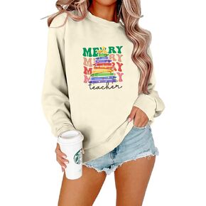 EGELEXY Christmas Sweatshirt Merry Teacher Outfits Women Christmas Teacher Pullover Long Sleeve Pullover Tops