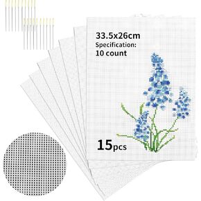15PCS 10 Count Plastic Mesh Canvas Sheets, Perforated Plastic Stitching Canvas Cross Stitch Plastic Mesh Canvas for Embroidery, Crafts DIY Crochet Projects, 13.2X10.2 Inch (20Pcs Weaving Needles)