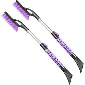 HEEYA 2 Pack Ice Scraper and Brush for Car, Extendable Snow Brush and Ice Scraper for Car Windshield Window, Car Snow Scraper and Brush with Foam Grip for SUV Truck Automobile Vehicle - Purple