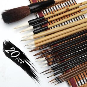 20 PCS Writing Brush Chinese Calligraphy Brush Set Kanji Japanese Sumi Painting Drawing Brushes 19 Piece/Set+Roll-up Bamboo Brush Holder
