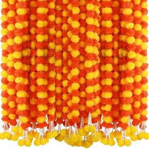 6 Pcs 5 Feet Long Strands Marigold Flowers Garland with Pendant Indian Wedding Decoration Artificial Decorations for Altar Faux Flower for Diwali, Pooja, Bush Floral Party (Orange&Yellow)