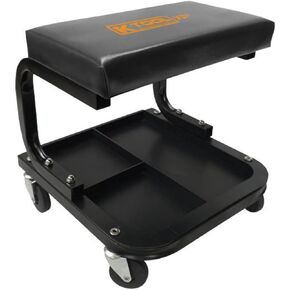 K Tool International 74981 Mechanics Creeper Seat with Tool Storage for Garages, Repair Shops, and DIY, Padded Seat, 350 lbs. Capacity, Heavy Duty Tubular Steel Frame, (4) Swivel Casters, Red/Black