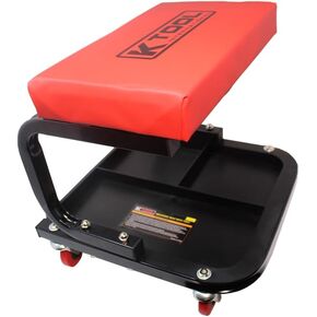 K Tool International 74981 Mechanics Creeper Seat with Tool Storage for Garages, Repair Shops, and DIY, Padded Seat, 350 lbs. Capacity, Heavy Duty Tubular Steel Frame, (4) Swivel Casters, Red/Black