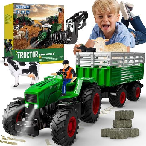 Remote Control Tractor Toy, 2.4 Ghz RC Tractor Toys for Kids 3-5, Toy Tractors Set with Trailer and Light/Loading Arm, Farm Animal Toys Include Cows, Sheep and Hay Bales, Toys for Boys 5-7 in Saudi Arabia