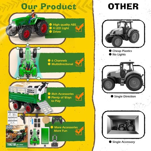 Remote Control Tractor Toy, 2.4 Ghz RC Tractor Toys for Kids 3-5, Toy Tractors Set with Trailer and Light/Loading Arm, Farm Animal Toys Include Cows, Sheep and Hay Bales, Toys for Boys 5-7 in Saudi Arabia