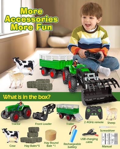 Remote Control Tractor Toy, 2.4 Ghz RC Tractor Toys for Kids 3-5, Toy Tractors Set with Trailer and Light/Loading Arm, Farm Animal Toys Include Cows, Sheep and Hay Bales, Toys for Boys 5-7 in Saudi Arabia