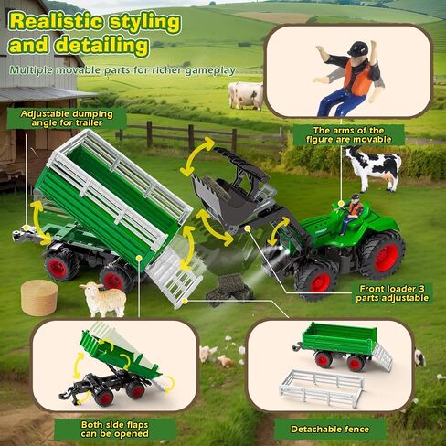 Remote Control Tractor Toy, 2.4 Ghz RC Tractor Toys for Kids 3-5, Toy Tractors Set with Trailer and Light/Loading Arm, Farm Animal Toys Include Cows, Sheep and Hay Bales, Toys for Boys 5-7 in Saudi Arabia