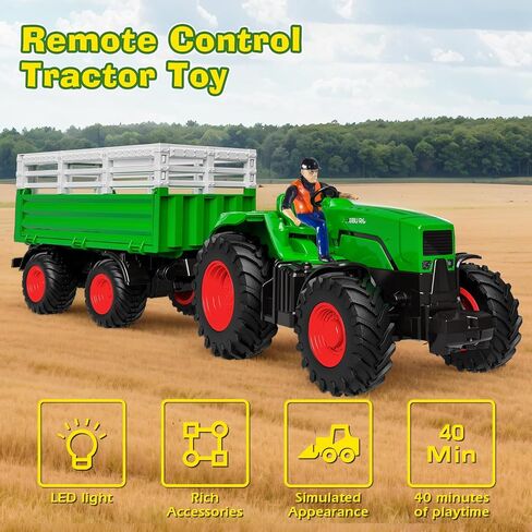 Remote Control Tractor Toy, 2.4 Ghz RC Tractor Toys for Kids 3-5, Toy Tractors Set with Trailer and Light/Loading Arm, Farm Animal Toys Include Cows, Sheep and Hay Bales, Toys for Boys 5-7 in Saudi Arabia
