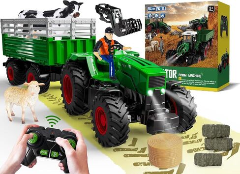 Remote Control Tractor Toy, 2.4 Ghz RC Tractor Toys for Kids 3-5, Toy Tractors Set with Trailer and Light/Loading Arm, Farm Animal Toys Include Cows, Sheep and Hay Bales, Toys for Boys 5-7 in Saudi Arabia