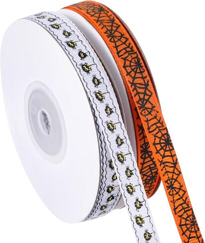 2 Rolls 50 Yards Halloween Ribbon Wired Spider Web Ribbon, 3/8 in Wide Decorative Black Spider Web Printed Ribbon Thin Spooky Ribbons for Crafts Sewing DIY and Wreath Home Decoration (Orange/White) in Saudi Arabia