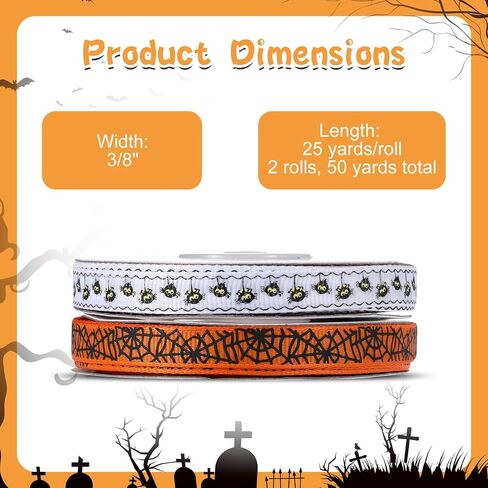 2 Rolls 50 Yards Halloween Ribbon Wired Spider Web Ribbon, 3/8 in Wide Decorative Black Spider Web Printed Ribbon Thin Spooky Ribbons for Crafts Sewing DIY and Wreath Home Decoration (Orange/White) in Saudi Arabia