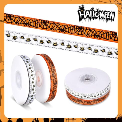 2 Rolls 50 Yards Halloween Ribbon Wired Spider Web Ribbon, 3/8 in Wide Decorative Black Spider Web Printed Ribbon Thin Spooky Ribbons for Crafts Sewing DIY and Wreath Home Decoration (Orange/White) in Saudi Arabia
