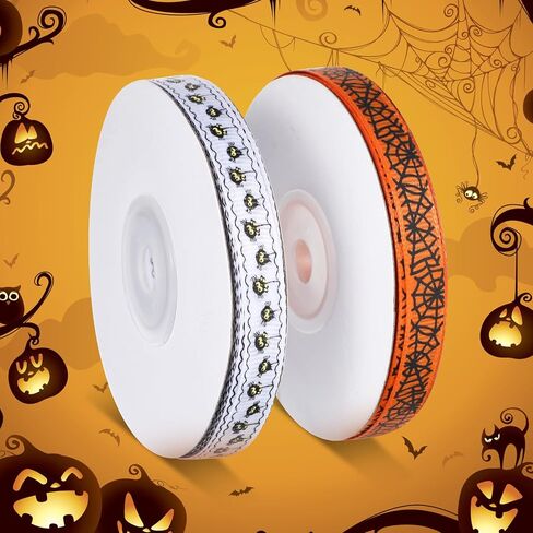 2 Rolls 50 Yards Halloween Ribbon Wired Spider Web Ribbon, 3/8 in Wide Decorative Black Spider Web Printed Ribbon Thin Spooky Ribbons for Crafts Sewing DIY and Wreath Home Decoration (Orange/White) in Saudi Arabia
