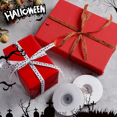 2 Rolls 50 Yards Halloween Ribbon Wired Spider Web Ribbon, 3/8 in Wide Decorative Black Spider Web Printed Ribbon Thin Spooky Ribbons for Crafts Sewing DIY and Wreath Home Decoration (Orange/White) in Saudi Arabia
