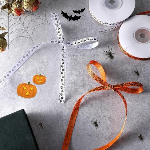 2 Rolls 50 Yards Halloween Ribbon Wired Spider Web Ribbon, 3/8 in Wide Decorative Black Spider Web Printed Ribbon Thin Spooky Ribbons for Crafts Sewing DIY and Wreath Home Decoration (Orange/White) in Saudi Arabia