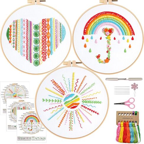 FONNUY 3 Set Crewel Embroidery Kit for Beginners Learn Different Letters Stitches, Alphabet Pre-Stamped Pattern Kits for Adults with Hoop, Easy to Follow Needlework, 8'' in Saudi Arabia