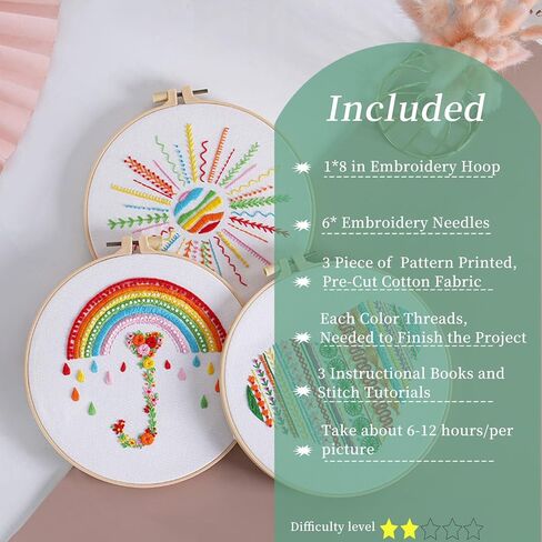 FONNUY 3 Set Crewel Embroidery Kit for Beginners Learn Different Letters Stitches, Alphabet Pre-Stamped Pattern Kits for Adults with Hoop, Easy to Follow Needlework, 8'' in Saudi Arabia