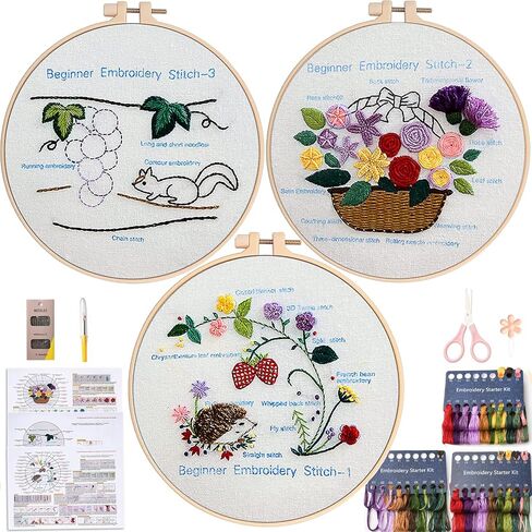 FONNUY 3 Set Crewel Embroidery Kit for Beginners Learn Different Letters Stitches, Alphabet Pre-Stamped Pattern Kits for Adults with Hoop, Easy to Follow Needlework, 8'' in Saudi Arabia