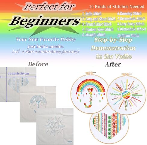 FONNUY 3 Set Crewel Embroidery Kit for Beginners Learn Different Letters Stitches, Alphabet Pre-Stamped Pattern Kits for Adults with Hoop, Easy to Follow Needlework, 8'' in Saudi Arabia