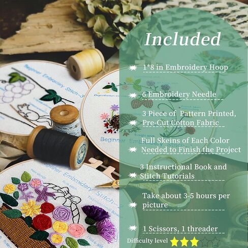 FONNUY 3 Set Crewel Embroidery Kit for Beginners Learn Different Letters Stitches, Alphabet Pre-Stamped Pattern Kits for Adults with Hoop, Easy to Follow Needlework, 8'' in Saudi Arabia