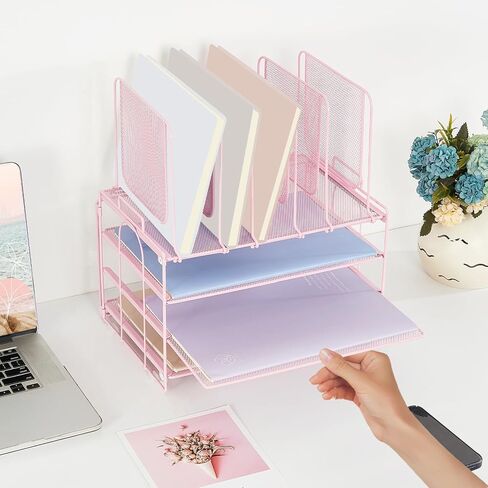 4-Tier File Organizer with 5 Vertical Slots, Rose Gold Desk Organizer, Office Desk Accessories, Paper Organizer for Classroom, Office, Home (Rose Gold, 4-tier with 5 top slots), LK-3CB in Kuwait