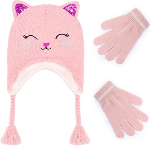 Girls Winter Cat Ear Beanie Hat and Gloves Set Kids Knitted Earflap Cap Mitten Set for Ages 3-7 in Kuwait