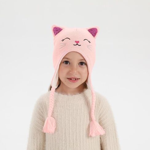 Girls Winter Cat Ear Beanie Hat and Gloves Set Kids Knitted Earflap Cap Mitten Set for Ages 3-7 in Kuwait
