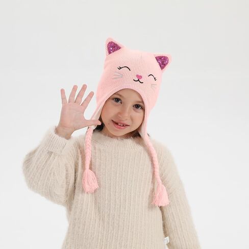 Girls Winter Cat Ear Beanie Hat and Gloves Set Kids Knitted Earflap Cap Mitten Set for Ages 3-7 in Kuwait