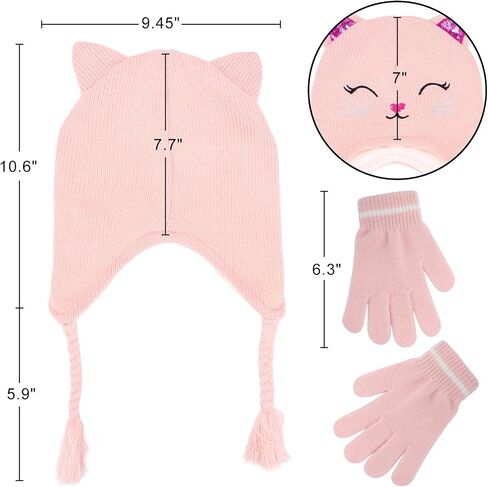 Girls Winter Cat Ear Beanie Hat and Gloves Set Kids Knitted Earflap Cap Mitten Set for Ages 3-7 in Kuwait