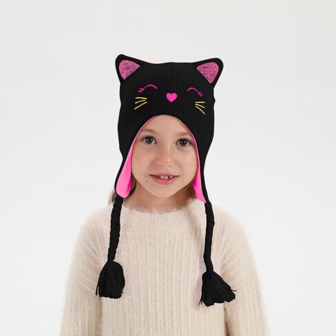 Girls Winter Cat Ear Beanie Hat and Gloves Set Kids Knitted Earflap Cap Mitten Set for Ages 3-7 in Kuwait