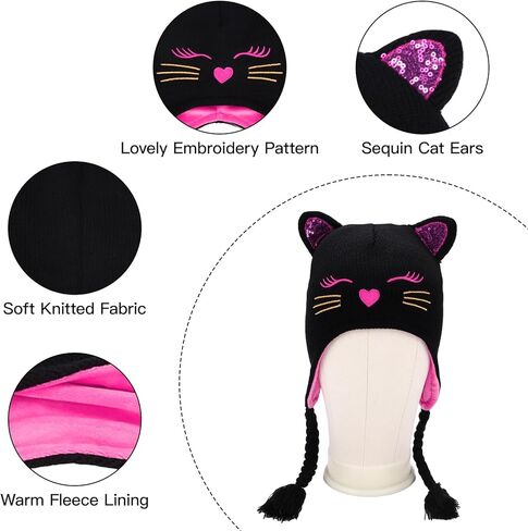 Girls Winter Cat Ear Beanie Hat and Gloves Set Kids Knitted Earflap Cap Mitten Set for Ages 3-7 in Kuwait