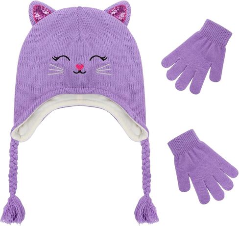 Girls Winter Cat Ear Beanie Hat and Gloves Set Kids Knitted Earflap Cap Mitten Set for Ages 3-7 in Kuwait
