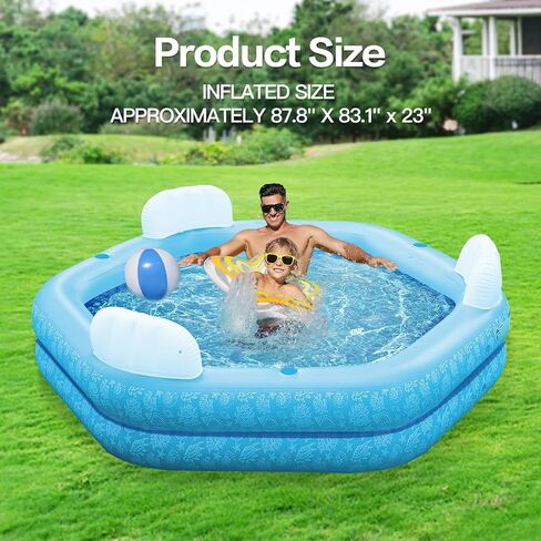 Blue Inflatable Swimming Pool,Oversized 88" x 83" x 23" Thickened Inflatable Pool for Kids,Swimming Pool for Kids & Adults,Inflatable Pool and Swimming Pool for Outdoor, Garden, Backyard, Water Party in Kuwait
