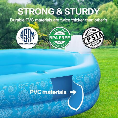 Blue Inflatable Swimming Pool,Oversized 88" x 83" x 23" Thickened Inflatable Pool for Kids,Swimming Pool for Kids & Adults,Inflatable Pool and Swimming Pool for Outdoor, Garden, Backyard, Water Party in Kuwait