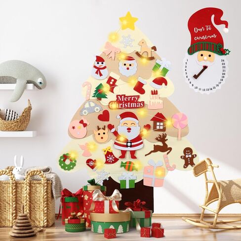 yazi 3ft DIY Felt Christmas Tree Set with Light + Santa Claus Advent Calendar, 2025New Toddler Felt Christmas Tree Xmas Wall Hanging Decorations DIY Christmas Tree for Kids Felt Craft Kits in Saudi Arabia