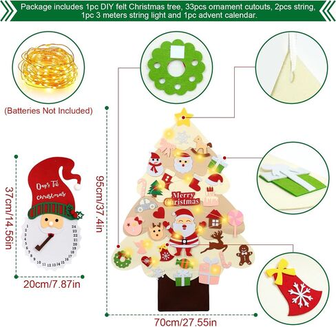 yazi 3ft DIY Felt Christmas Tree Set with Light + Santa Claus Advent Calendar, 2025New Toddler Felt Christmas Tree Xmas Wall Hanging Decorations DIY Christmas Tree for Kids Felt Craft Kits in Saudi Arabia