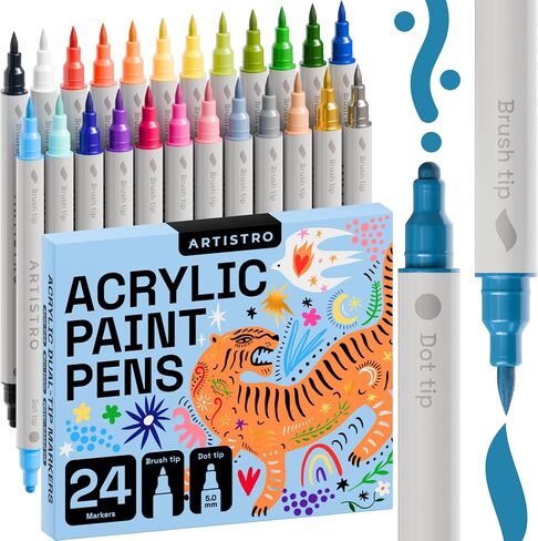 ARTISTRO 24 Acrylic Paint Markers for Fabric, Rocks, Paper, Wood, Canvas, Glass, DIY - Safe for Kids Dual Tip Acrylic Paint Pens (Dual Tip Dot + Brush, 24) in Saudi Arabia
