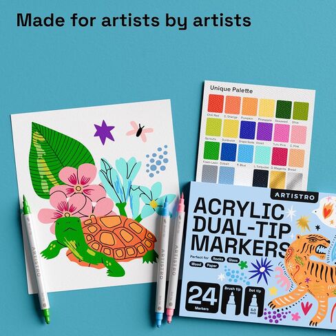 ARTISTRO 24 Acrylic Paint Markers for Fabric, Rocks, Paper, Wood, Canvas, Glass, DIY - Safe for Kids Dual Tip Acrylic Paint Pens (Dual Tip Dot + Brush, 24) in Saudi Arabia