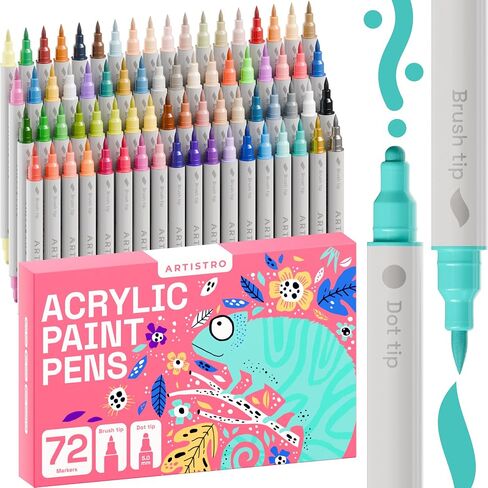 ARTISTRO 24 Acrylic Paint Markers for Fabric, Rocks, Paper, Wood, Canvas, Glass, DIY - Safe for Kids Dual Tip Acrylic Paint Pens (Dual Tip Dot + Brush, 24) in Saudi Arabia