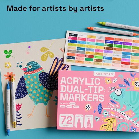 ARTISTRO 24 Acrylic Paint Markers for Fabric, Rocks, Paper, Wood, Canvas, Glass, DIY - Safe for Kids Dual Tip Acrylic Paint Pens (Dual Tip Dot + Brush, 24) in Saudi Arabia