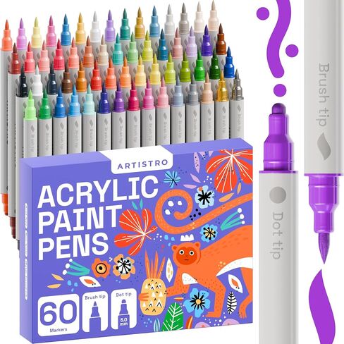 ARTISTRO 24 Acrylic Paint Markers for Fabric, Rocks, Paper, Wood, Canvas, Glass, DIY - Safe for Kids Dual Tip Acrylic Paint Pens (Dual Tip Dot + Brush, 24) in Saudi Arabia