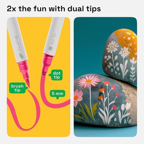 ARTISTRO 24 Acrylic Paint Markers for Fabric, Rocks, Paper, Wood, Canvas, Glass, DIY - Safe for Kids Dual Tip Acrylic Paint Pens (Dual Tip Dot + Brush, 24) in Saudi Arabia